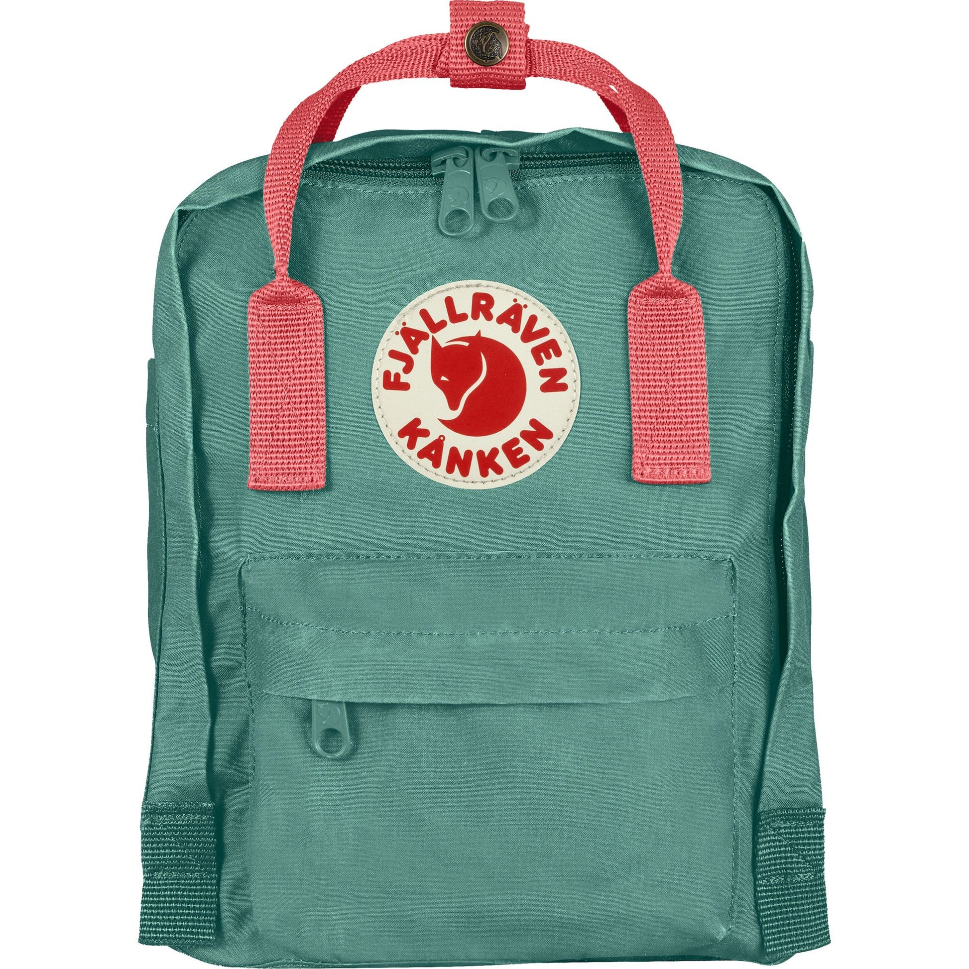 Sage green mini backpack with coral pink straps