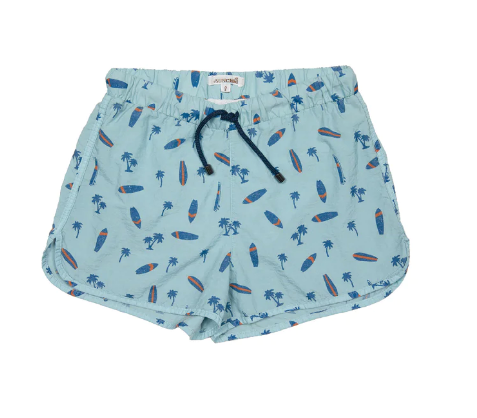 boys light blue swim trunks with surfboards and palm tree design