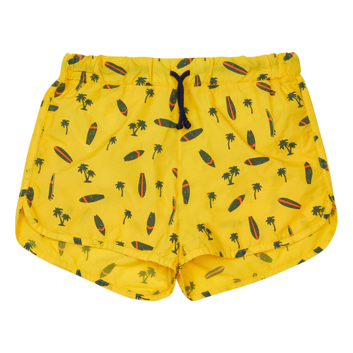 boys lyellow swim trunks with surfboards and palm tree design