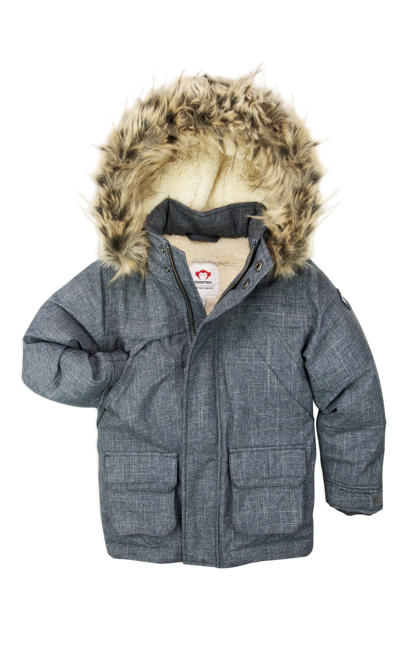 Appaman winter coat in charcoal, faux fur hood 