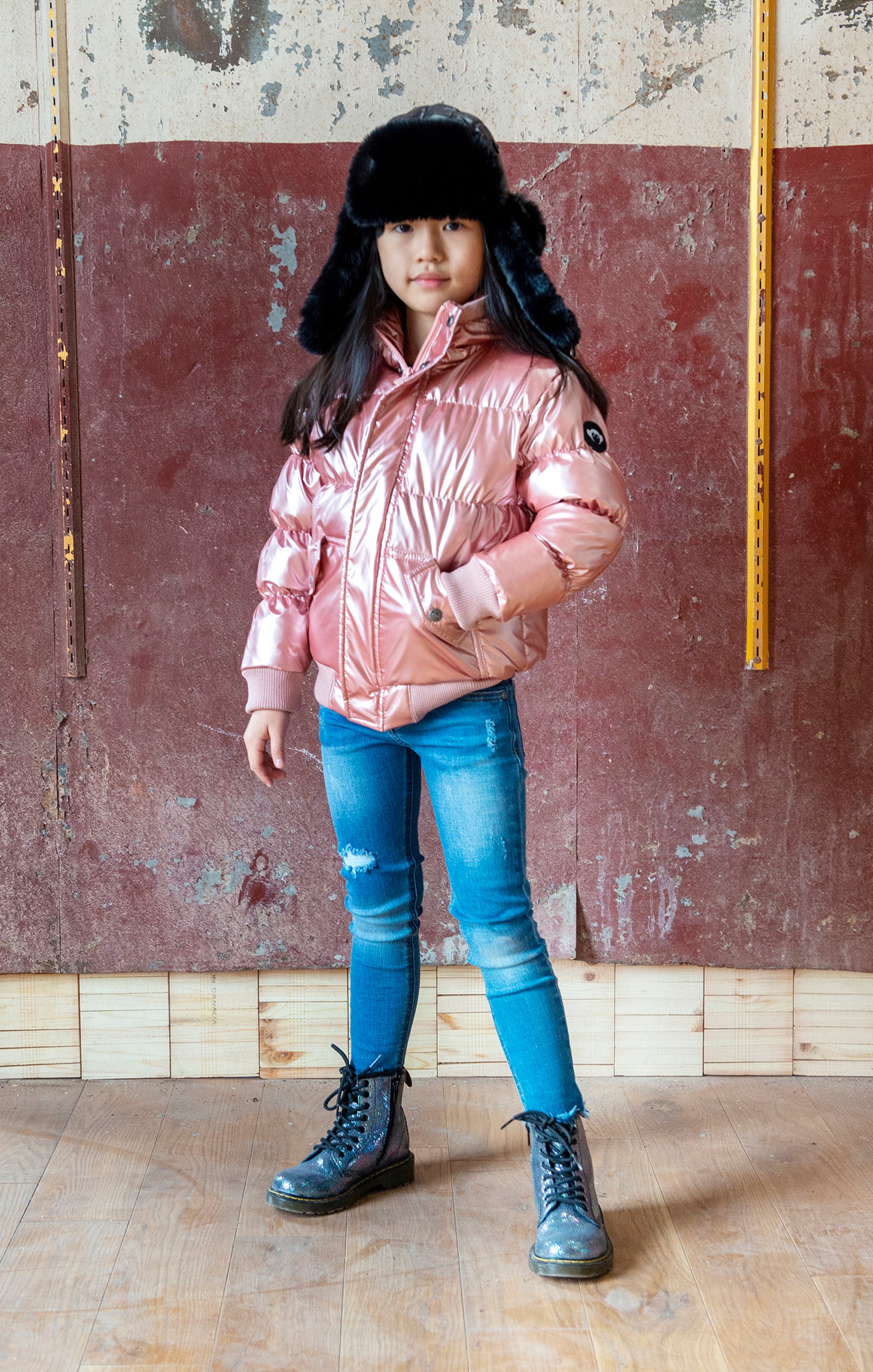 Appaman girls puffer winter jacket in rose gold, model image