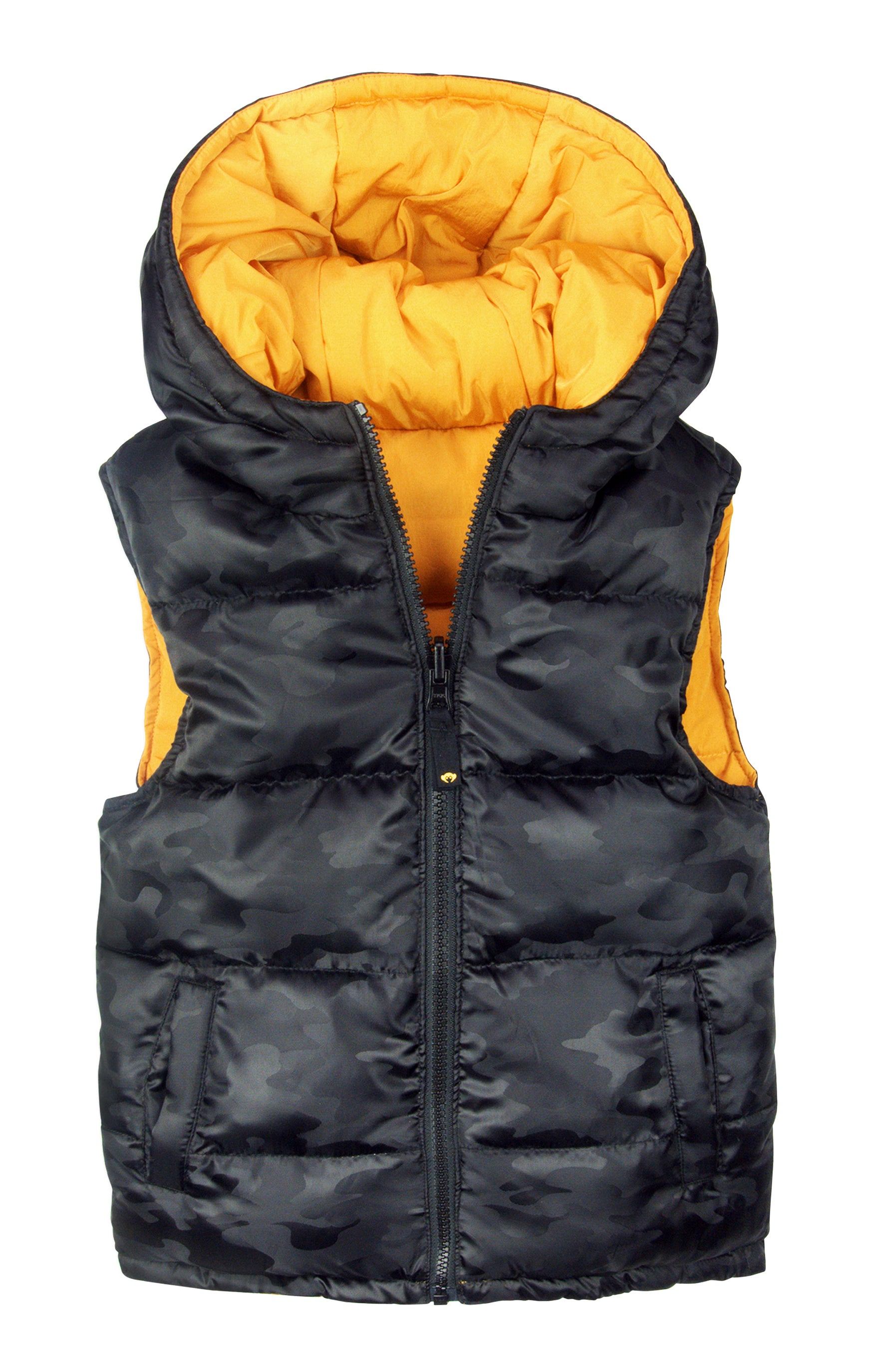 Appaman reversible vest, black camo on  one side, bright yellow on the inside