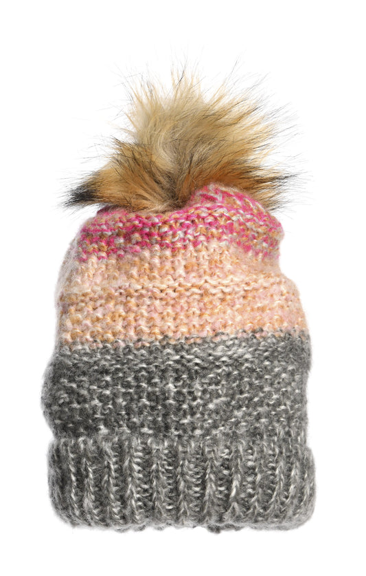 Appaman colorful hat with faux fur pom pon. Colors are grey, orange, pink