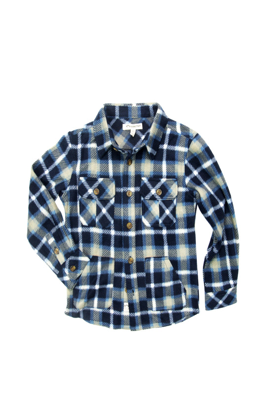 Appaman fleece button down, plaid blue, black and white